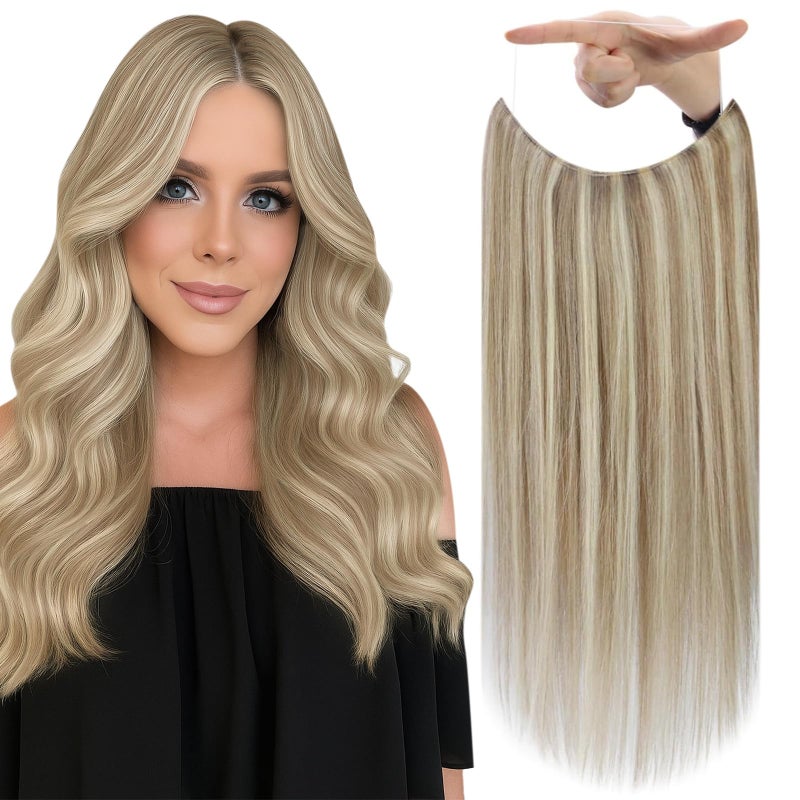 Fshine Invisible Wire Hair Extensions 20 Inch Golden Blonde Highlighted Dark Ash Blonde Adjustable Fishing Line Hair Extensions Real Human Hair Long Secret Hairpiece Clip ins 80 G